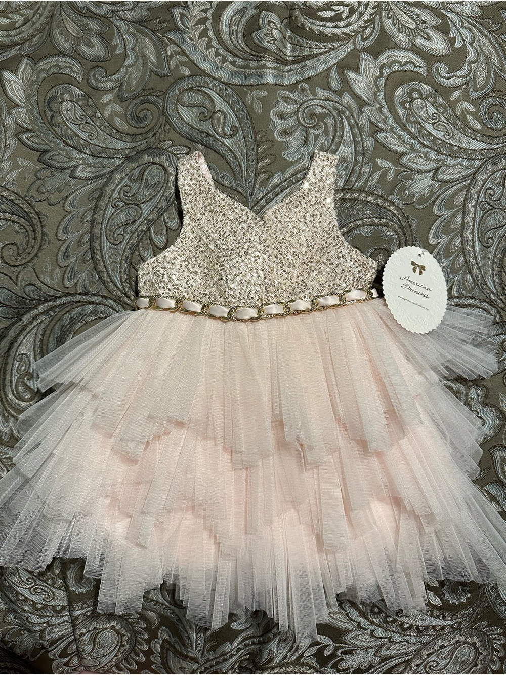 American Princess Gold Sequin Bodice Pink Tulle Layered Formal Dress